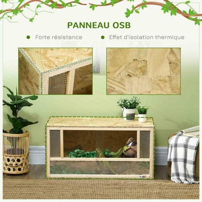 OSB Wooden Terrarium for Reptiles and Amphibians with Sliding Glass Door - 80 x 40 x 40 cm Natural