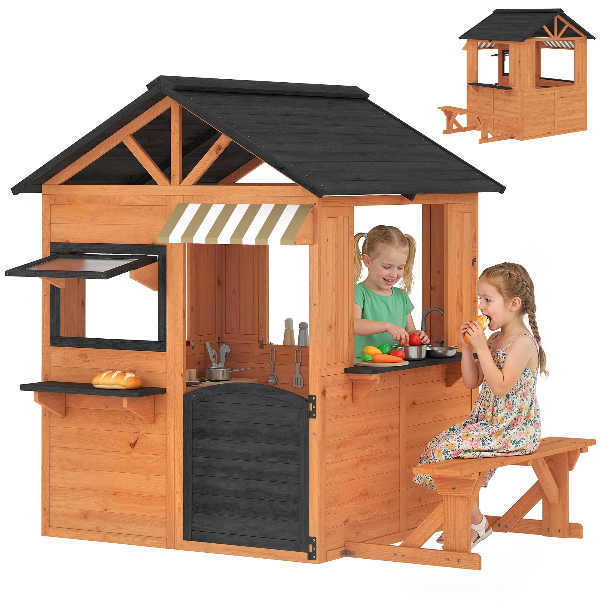 Wooden Kids' Playhouse Outdoor with Play Kitchen, Bench, Serving Counter, Windows & Faucet — Brown, 67.5 in x 57.5 in x 61.4 in (171.5 x 146 x 156 cm)