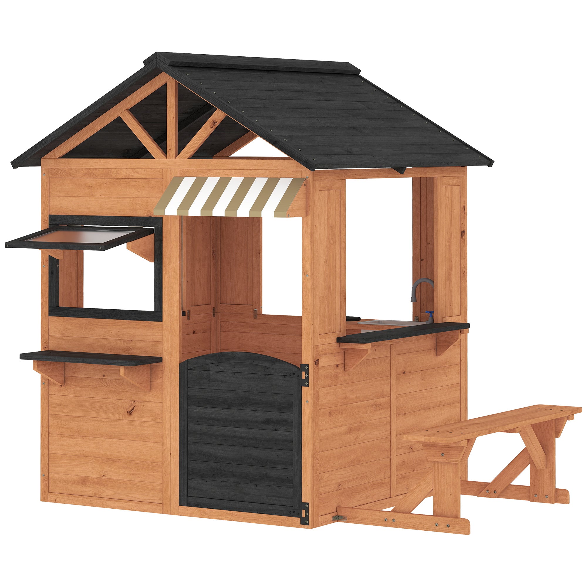 Wooden Kids' Playhouse Outdoor with Play Kitchen, Bench, Serving Counter, Windows & Faucet — Brown, 67.5 in x 57.5 in x 61.4 in (171.5 x 146 x 156 cm)