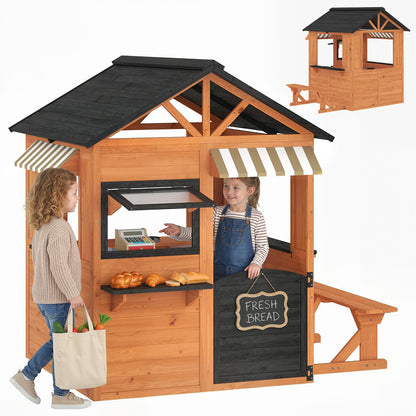Wooden Kids' Playhouse Outdoor with Play Kitchen, Bench, Serving Counter, Windows & Faucet — Brown, 67.5 in x 57.5 in x 61.4 in (171.5 x 146 x 156 cm)