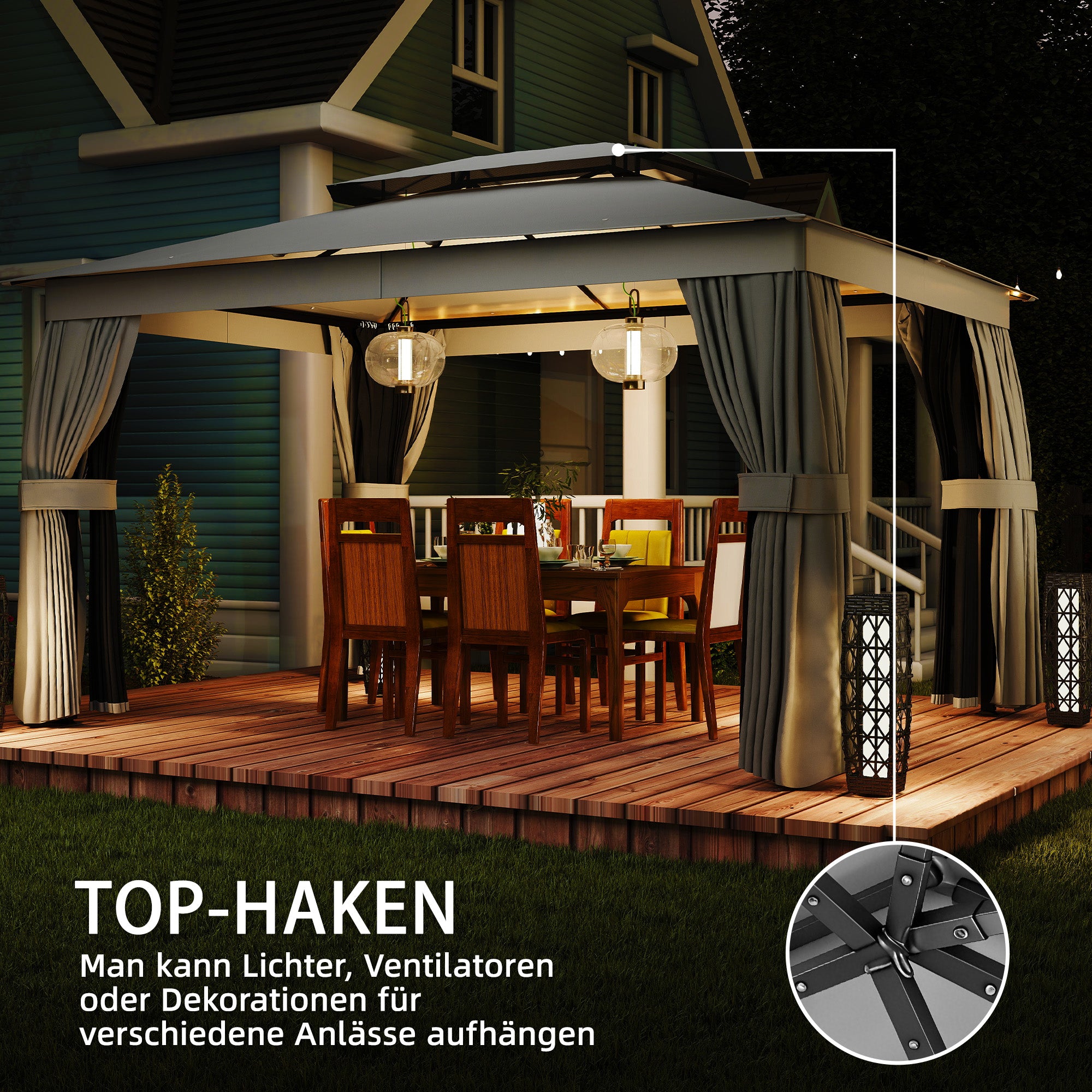 Gazebo 3.8 x 3 m — Water-Resistant, Stable, Weather-Resistant Garden Gazebo with Double Roof, Curtains & Mosquito Net, Party Tent with Hooks, Metal Frame, Dark Gray