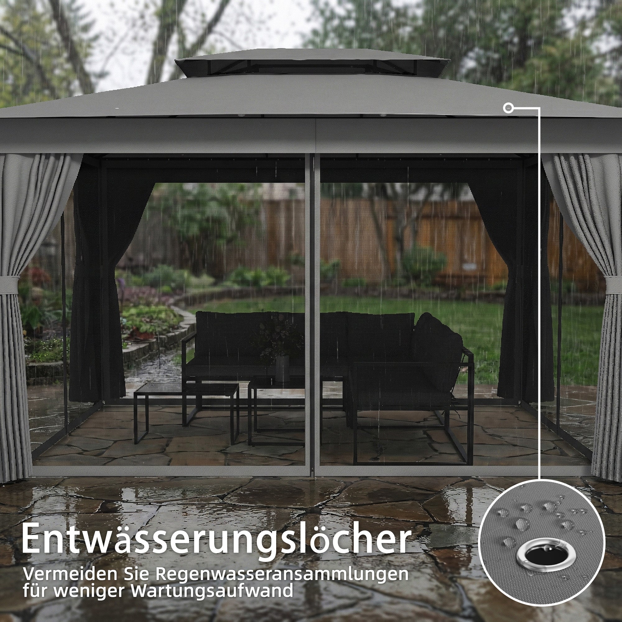 Gazebo 3.8 x 3 m — Water-Resistant, Stable, Weather-Resistant Garden Gazebo with Double Roof, Curtains & Mosquito Net, Party Tent with Hooks, Metal Frame, Dark Gray