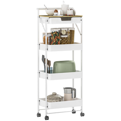 4-Tier Utility Cart with Wheels Kitchen Cart with 1 Drawer and 3 Baskets Organizer Cart for Bedroom Living Room Office White
