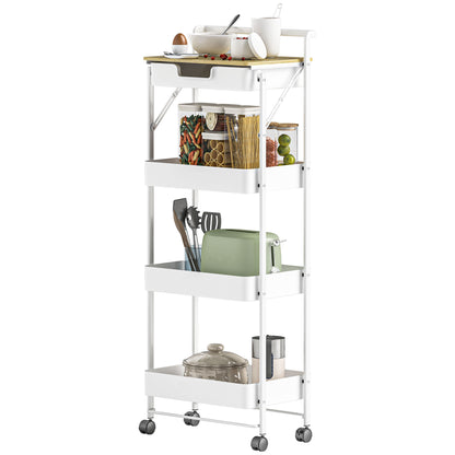 4-Tier Utility Cart with Wheels Kitchen Cart with 1 Drawer and 3 Baskets Organizer Cart for Bedroom Living Room Office White
