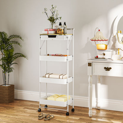 4-Tier Utility Cart with Wheels Kitchen Cart with 1 Drawer and 3 Baskets Organizer Cart for Bedroom Living Room Office White