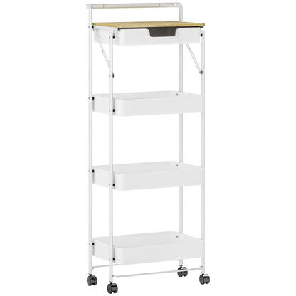 4-Tier Utility Cart with Wheels Kitchen Cart with 1 Drawer and 3 Baskets Organizer Cart for Bedroom Living Room Office White