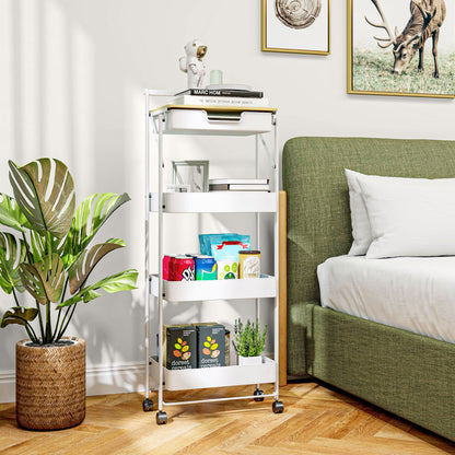 4-Tier Utility Cart with Wheels Kitchen Cart with 1 Drawer and 3 Baskets Organizer Cart for Bedroom Living Room Office White
