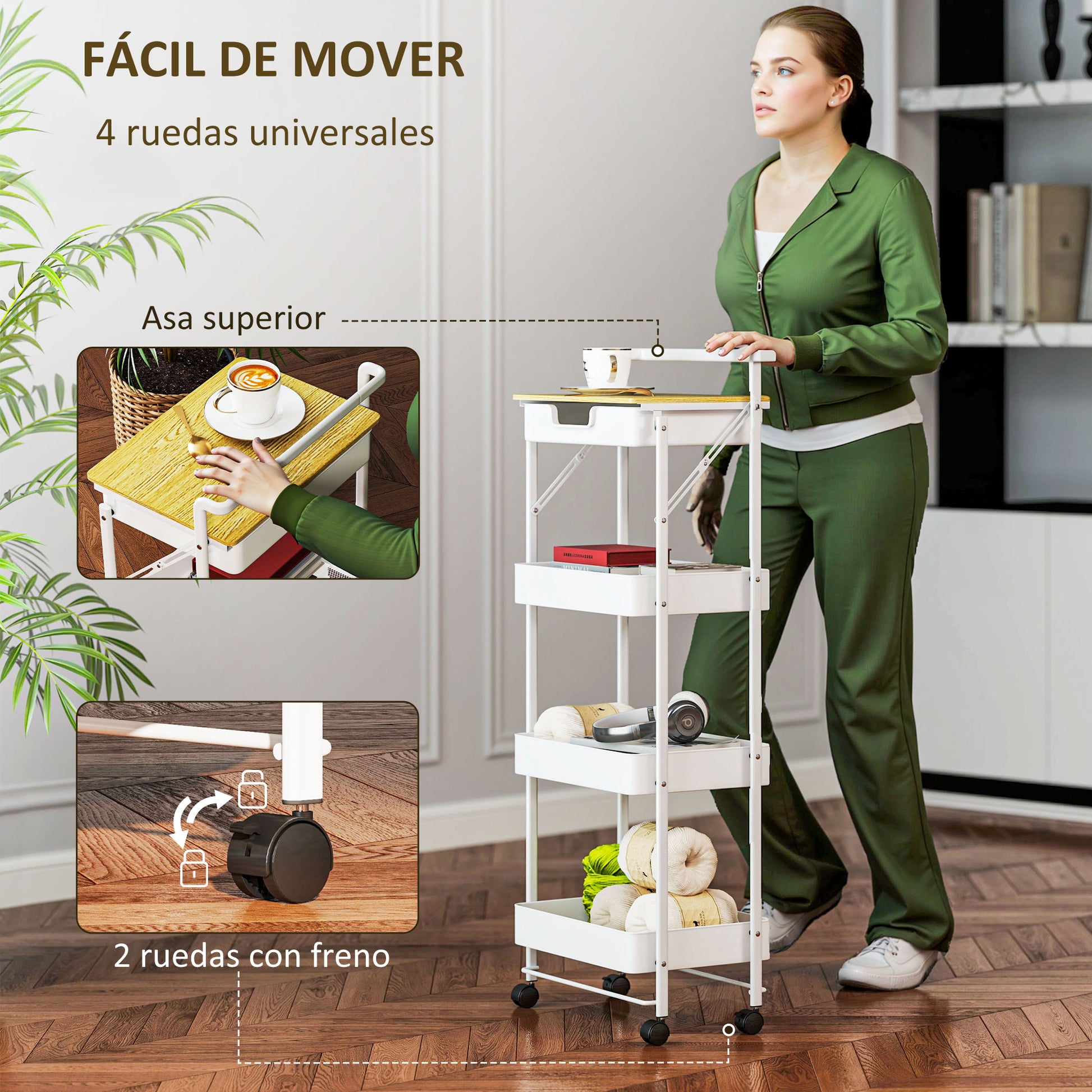 4-Tier Utility Cart with Wheels Kitchen Cart with 1 Drawer and 3 Baskets Organizer Cart for Bedroom Living Room Office White