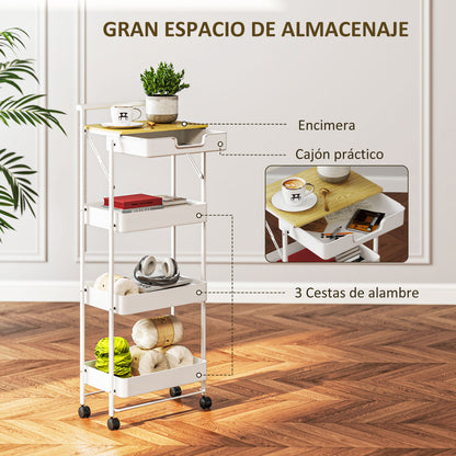 4-Tier Utility Cart with Wheels Kitchen Cart with 1 Drawer and 3 Baskets Organizer Cart for Bedroom Living Room Office White
