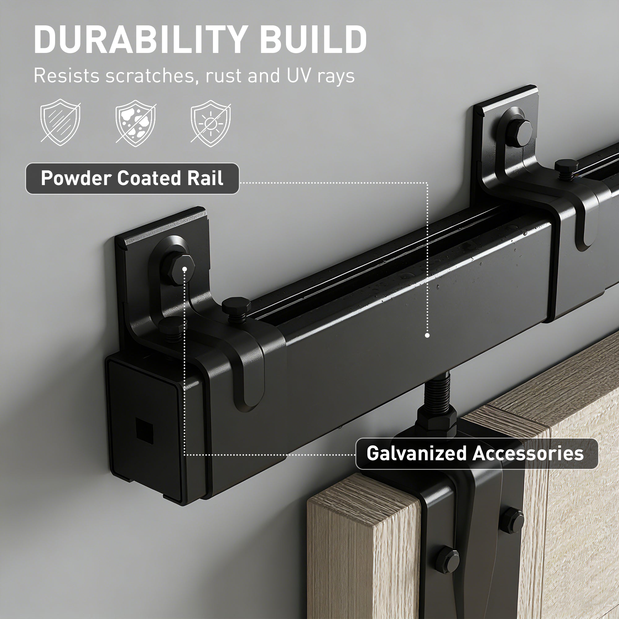 Sliding Door Hardware Kit 2.44 m (8 ft) with Rail – Clamp Hanger Sliding Door System in Carbon Steel, Screw Set with UV Protection for Single Doors, Black