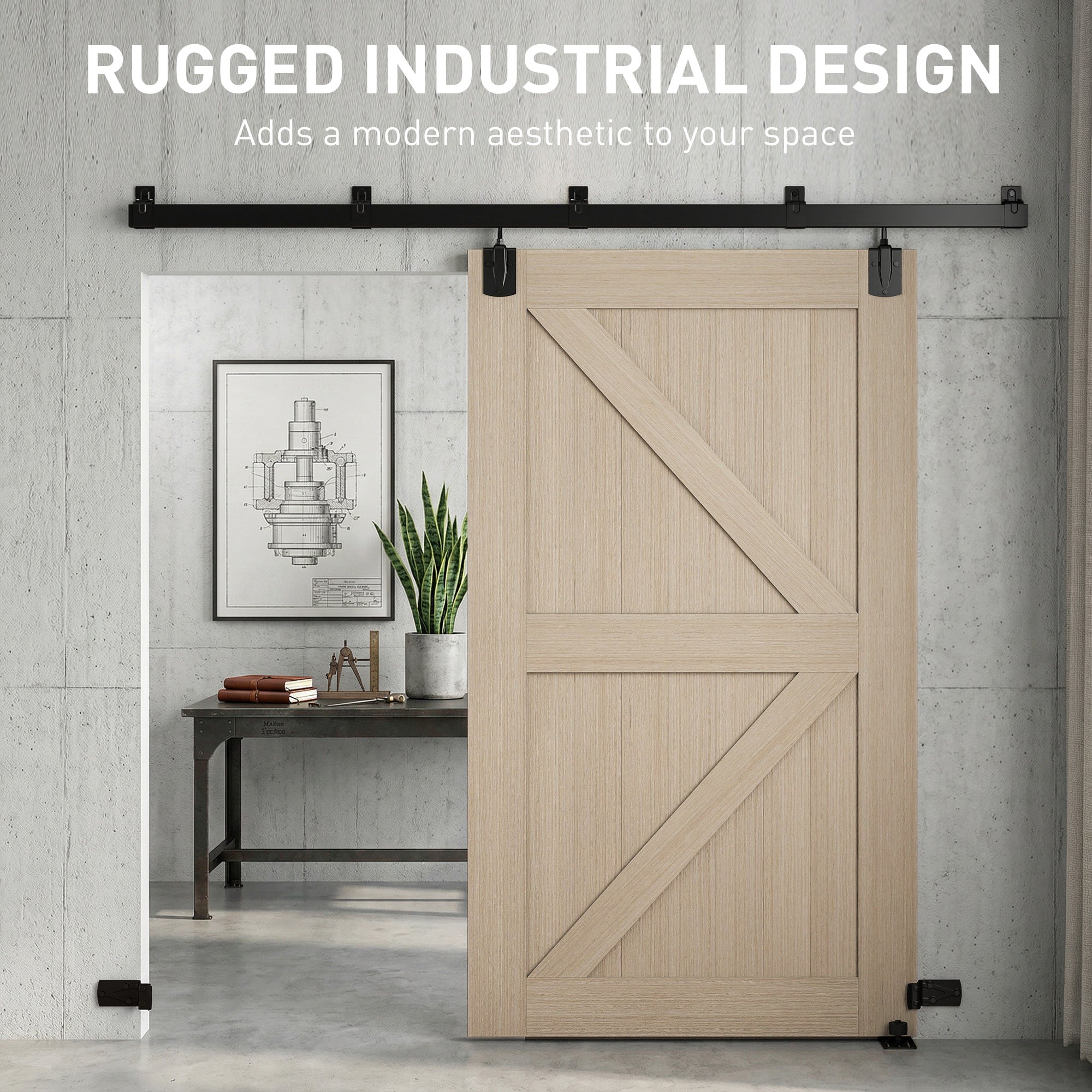 Sliding Door Hardware Kit 2.44 m (8 ft) with Rail – Clamp Hanger Sliding Door System in Carbon Steel, Screw Set with UV Protection for Single Doors, Black