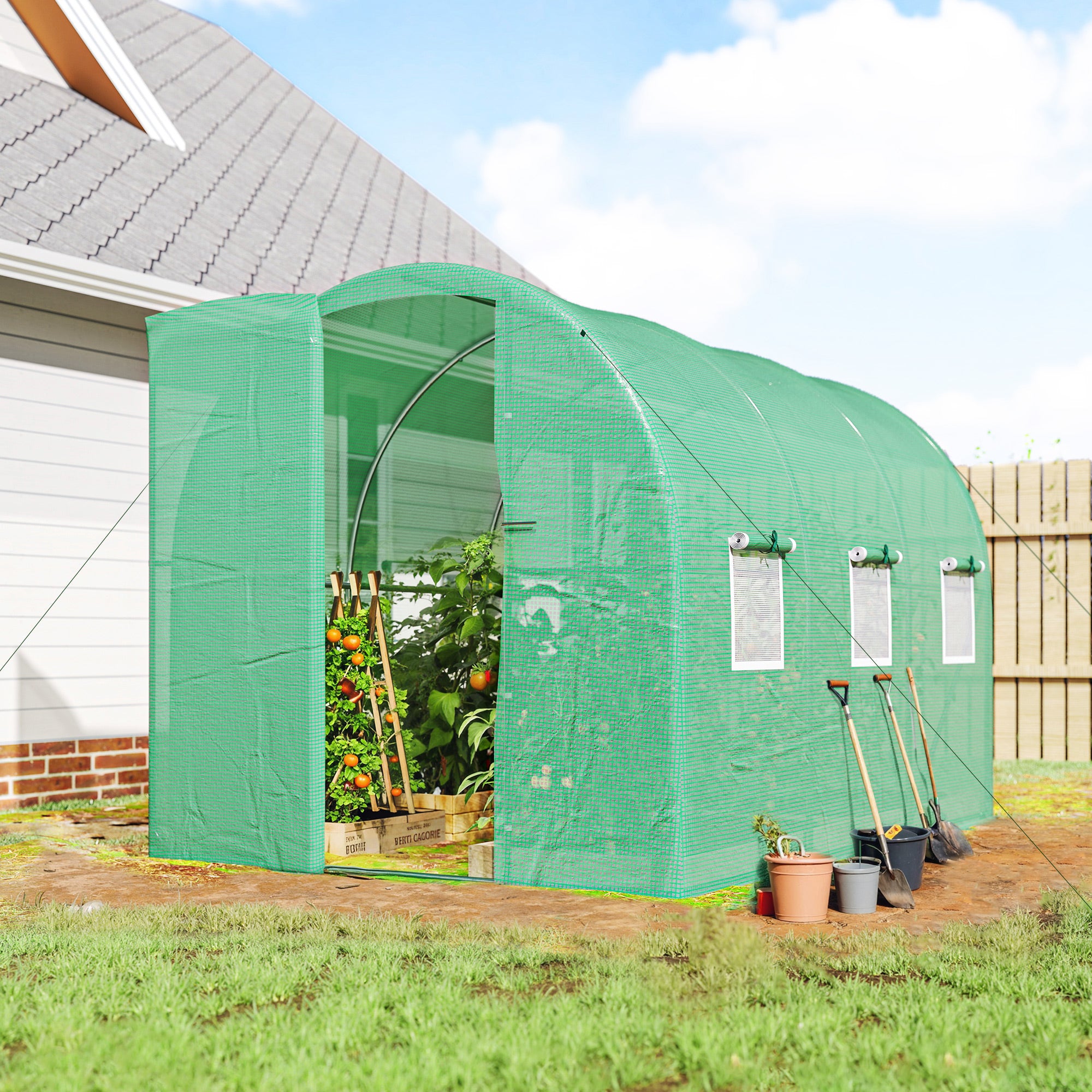 2 x 3 m (200 x 300 x 200 cm) Tunnel Garden Greenhouse — Galvanized Steel Frame, Hinged Door & 8 Roll-Up Mesh Windows, 140 gsm PE Cover, Green