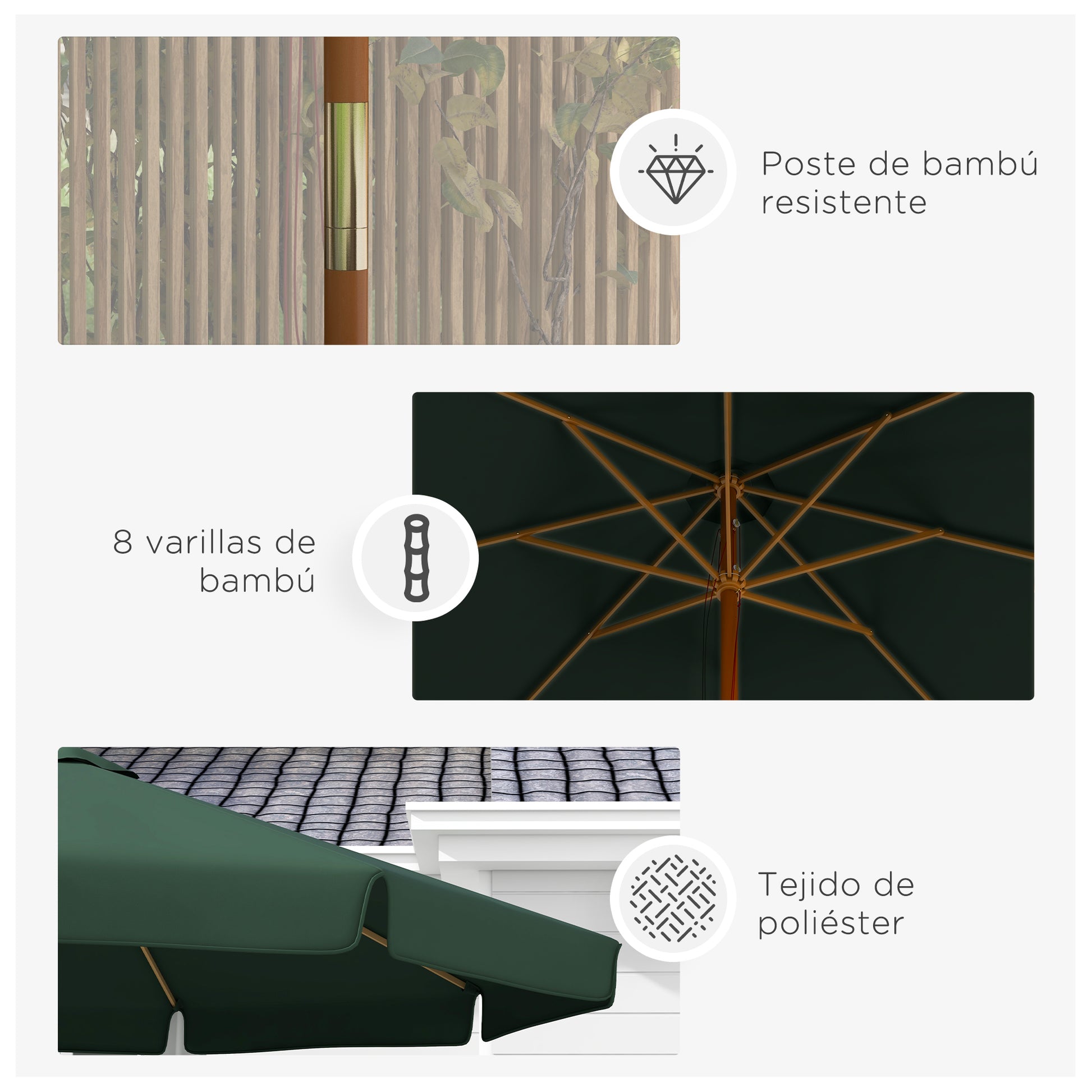 Terrace Umbrella Ø325 cm Garden Umbrella with Pulley System Ventilated Roof 8 Bamboo Ribs and Wooden Pole Parasol for Patio Terrace Green