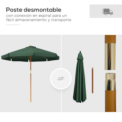 Terrace Umbrella Ø325 cm Garden Umbrella with Pulley System Ventilated Roof 8 Bamboo Ribs and Wooden Pole Parasol for Patio Terrace Green