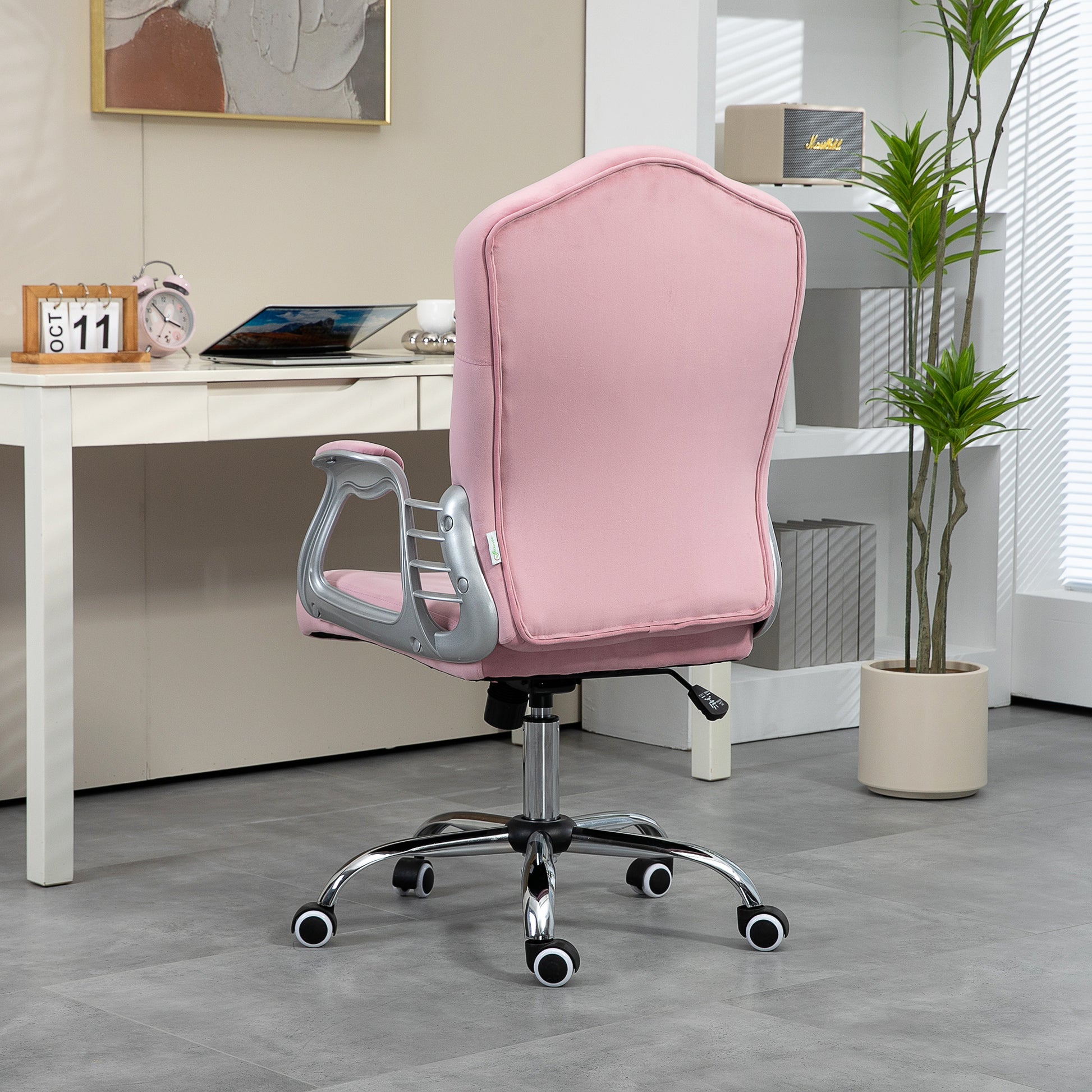 Office Chair, Ergonomic Desk Chair with Rocking Function, Swivel Function, Height Adjustable Computer Chair with Sparkling Crystal Buttons, Velvet Look, for Home Office, Pink