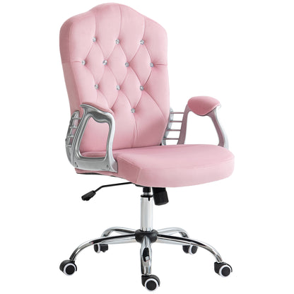 Office Chair, Ergonomic Desk Chair with Rocking Function, Swivel Function, Height Adjustable Computer Chair with Sparkling Crystal Buttons, Velvet Look, for Home Office, Pink