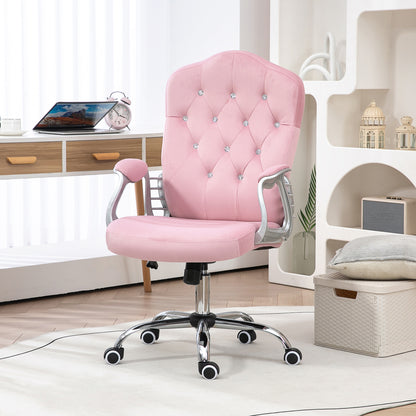 Office Chair, Ergonomic Desk Chair with Rocking Function, Swivel Function, Height Adjustable Computer Chair with Sparkling Crystal Buttons, Velvet Look, for Home Office, Pink