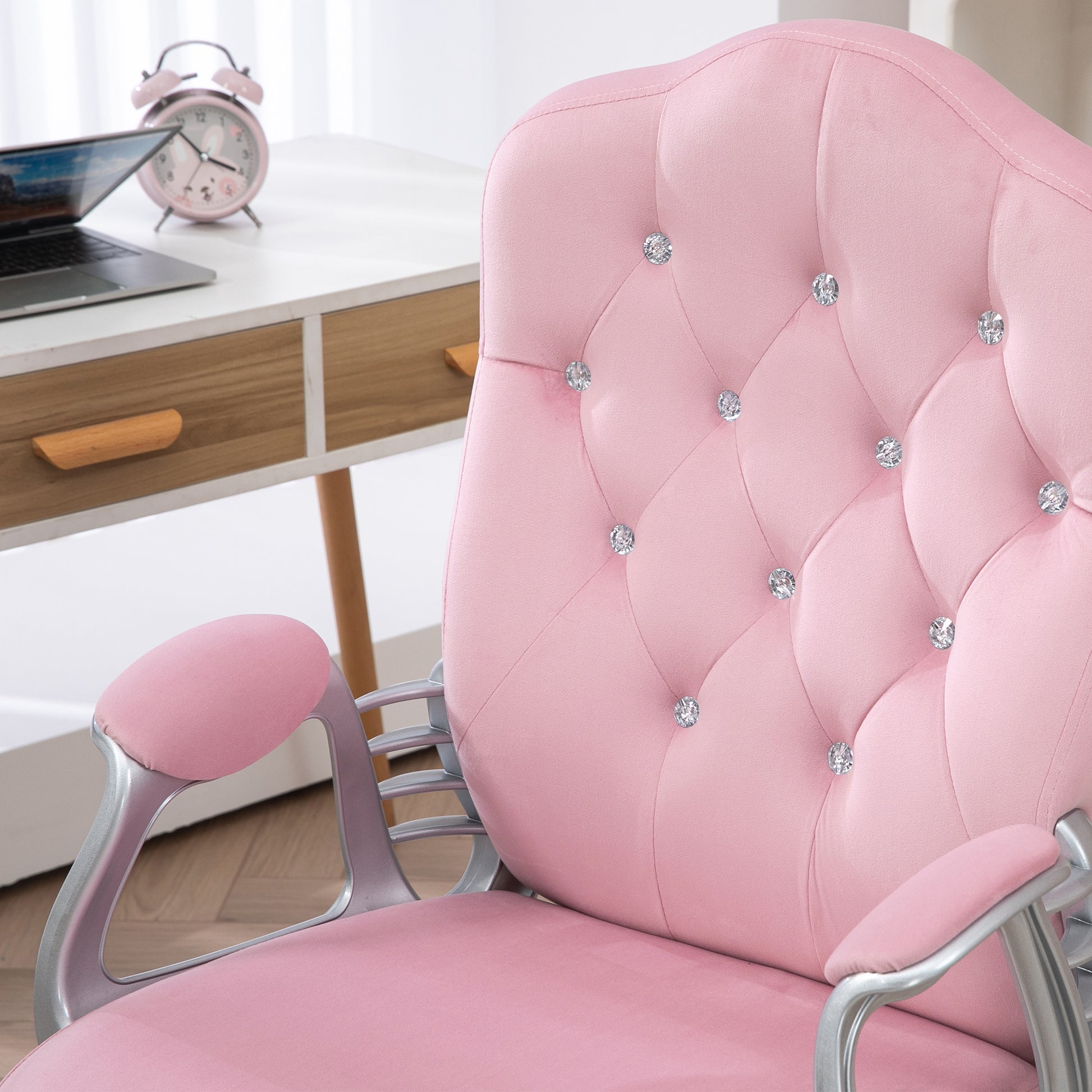 Office Chair, Ergonomic Desk Chair with Rocking Function, Swivel Function, Height Adjustable Computer Chair with Sparkling Crystal Buttons, Velvet Look, for Home Office, Pink