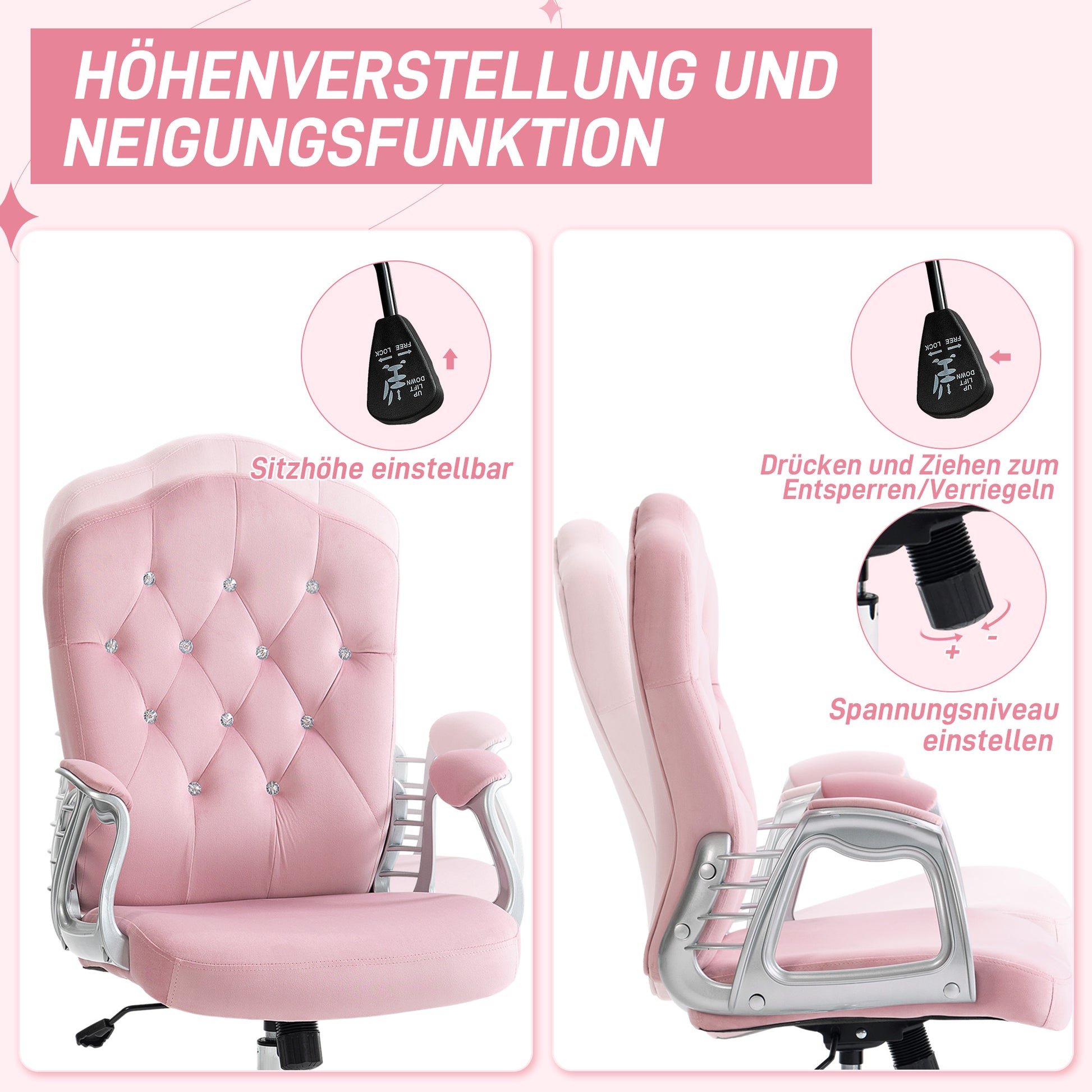 Office Chair, Ergonomic Desk Chair with Rocking Function, Swivel Function, Height Adjustable Computer Chair with Sparkling Crystal Buttons, Velvet Look, for Home Office, Pink