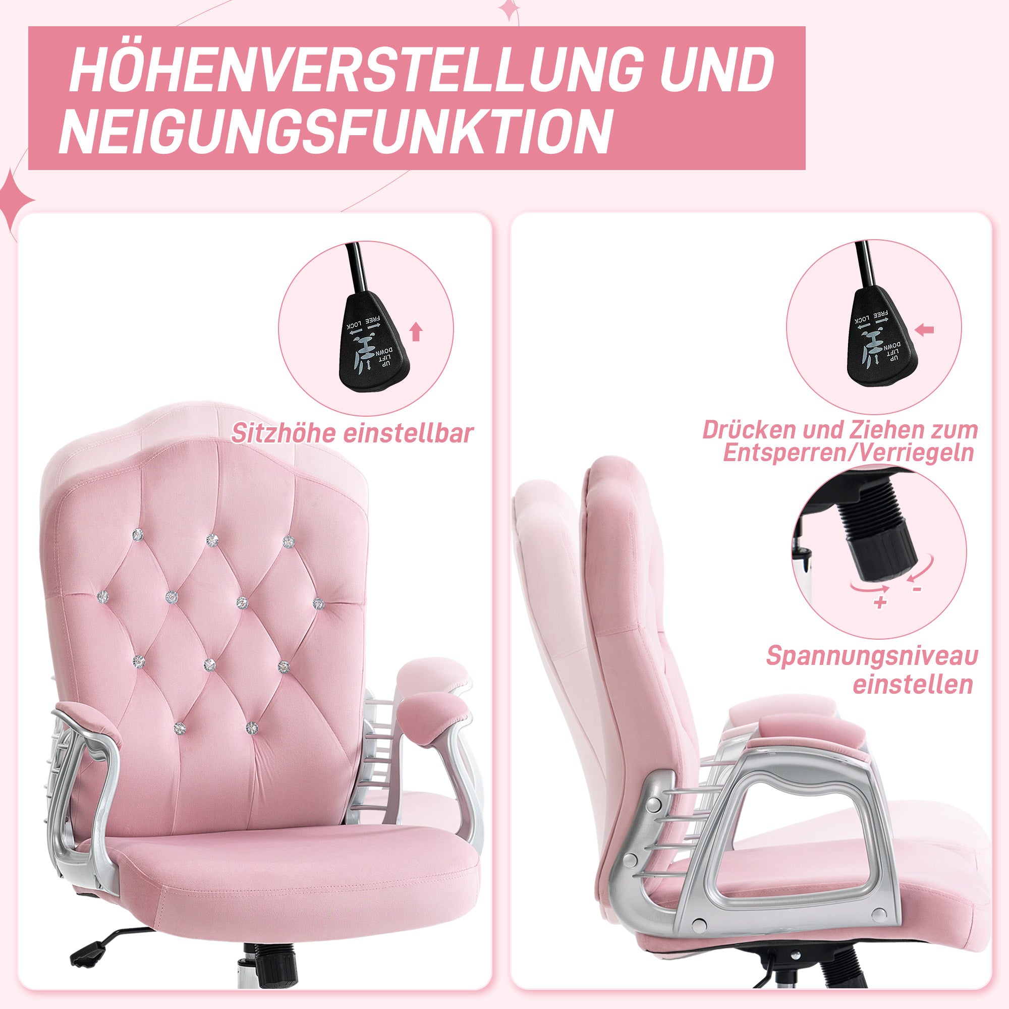 Office Chair, Ergonomic Desk Chair with Rocking Function, Swivel Function, Height Adjustable Computer Chair with Sparkling Crystal Buttons, Velvet Look, for Home Office, Pink