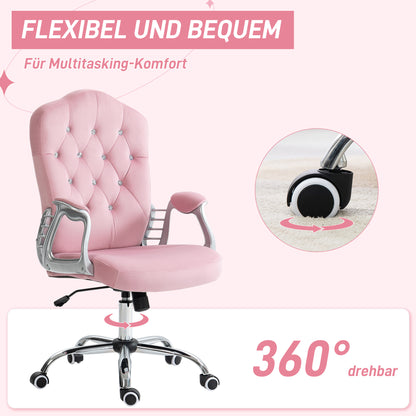 Office Chair, Ergonomic Desk Chair with Rocking Function, Swivel Function, Height Adjustable Computer Chair with Sparkling Crystal Buttons, Velvet Look, for Home Office, Pink