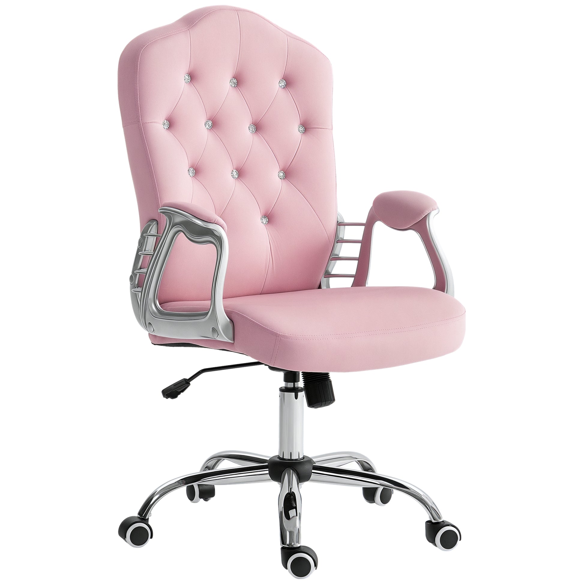Office Chair, Ergonomic Desk Chair with Rocking Function, Swivel Function, Height Adjustable Computer Chair with Sparkling Crystal Buttons, Velvet Look, for Home Office, Pink