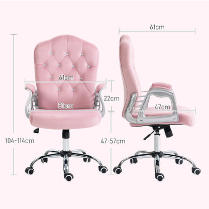 Office Chair, Ergonomic Desk Chair with Rocking Function, Swivel Function, Height Adjustable Computer Chair with Sparkling Crystal Buttons, Velvet Look, for Home Office, Pink