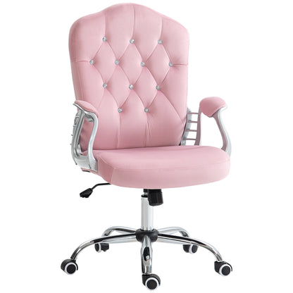 Office Chair, Ergonomic Desk Chair with Rocking Function, Swivel Function, Height Adjustable Computer Chair with Sparkling Crystal Buttons, Velvet Look, for Home Office, Pink