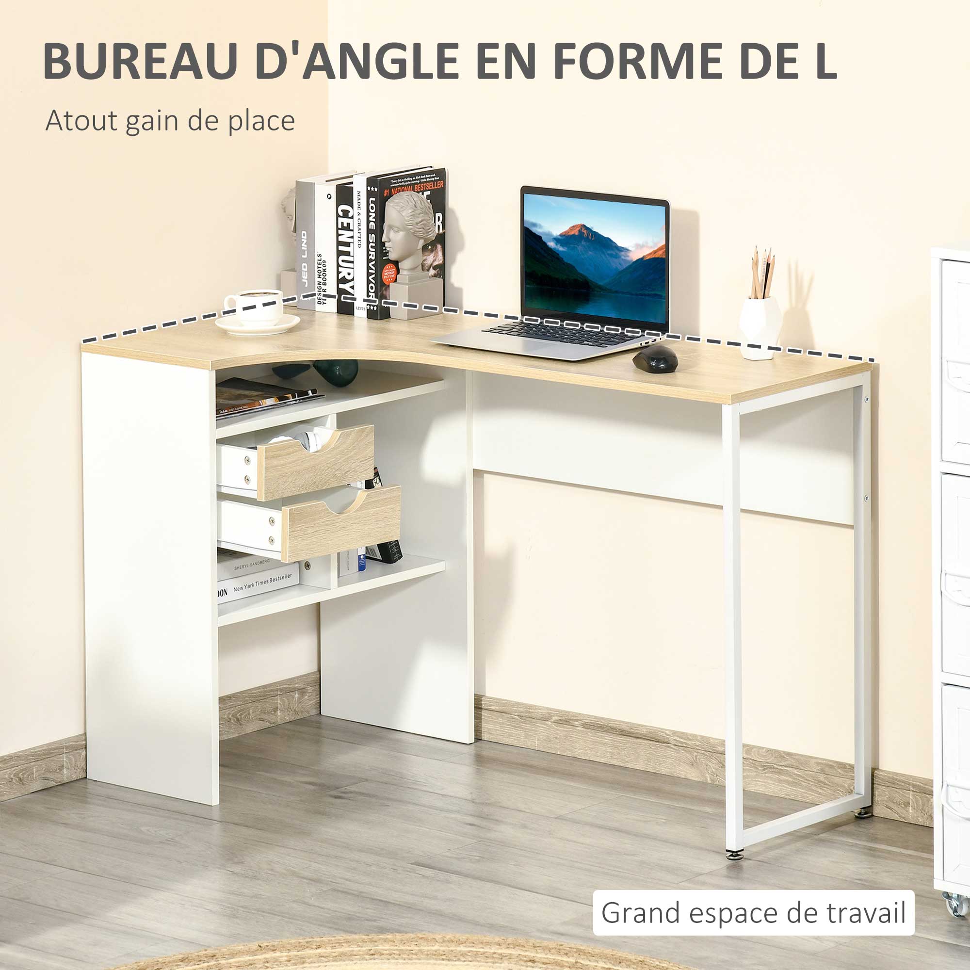 Corner Computer Desk Office Desk with Multi-Storage Drawers in Light Oak White Wood