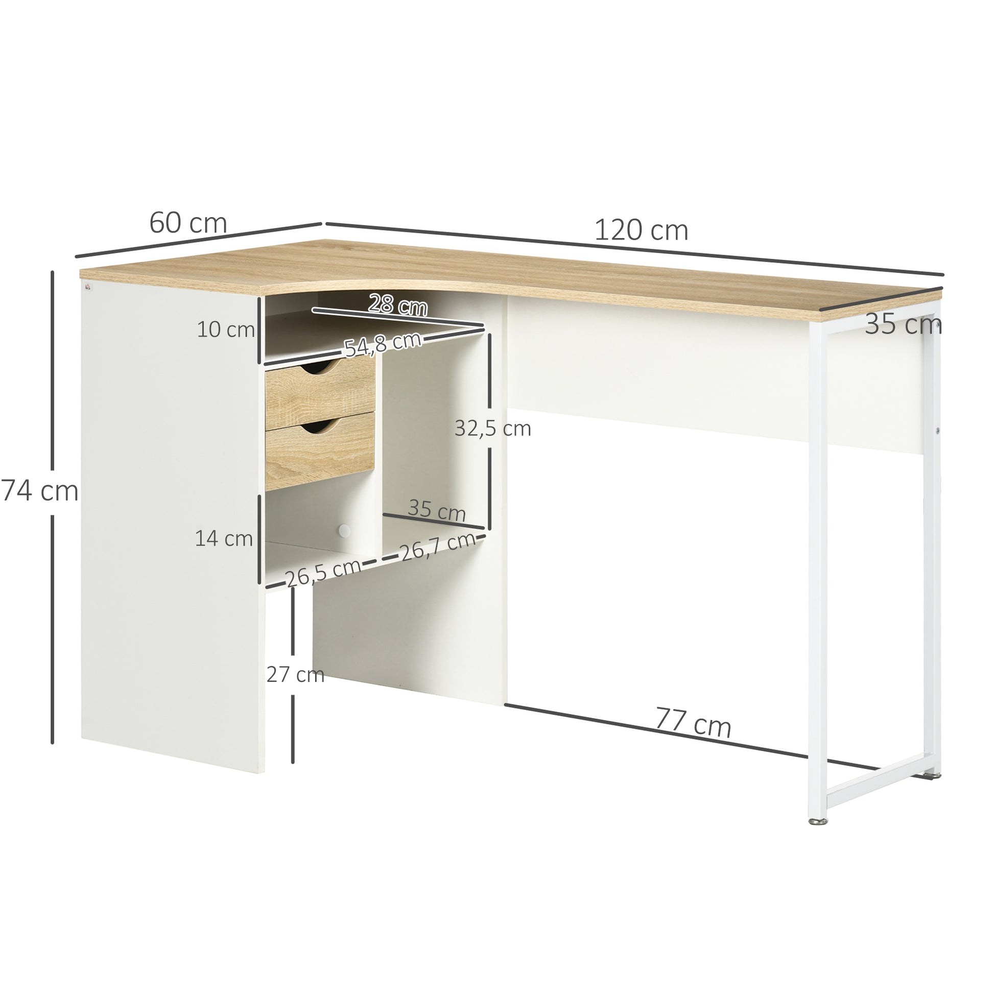 Corner Computer Desk Office Desk with Multi-Storage Drawers in Light Oak White Wood
