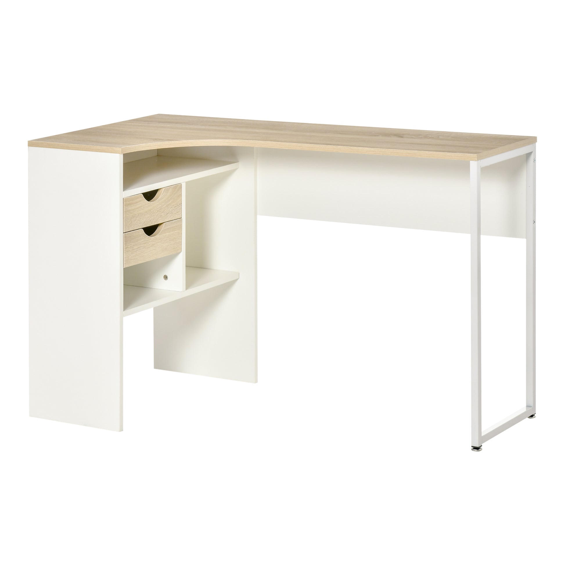 Corner Computer Desk Office Desk with Multi-Storage Drawers in Light Oak White Wood