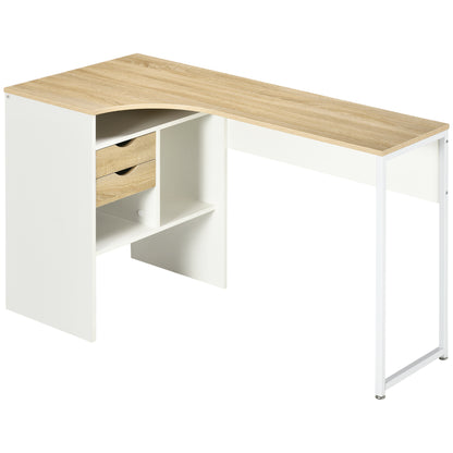 Corner Computer Desk Office Desk with Multi-Storage Drawers in Light Oak White Wood