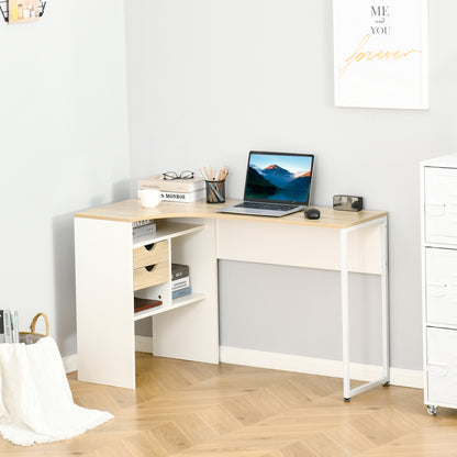 Corner Computer Desk Office Desk with Multi-Storage Drawers in Light Oak White Wood