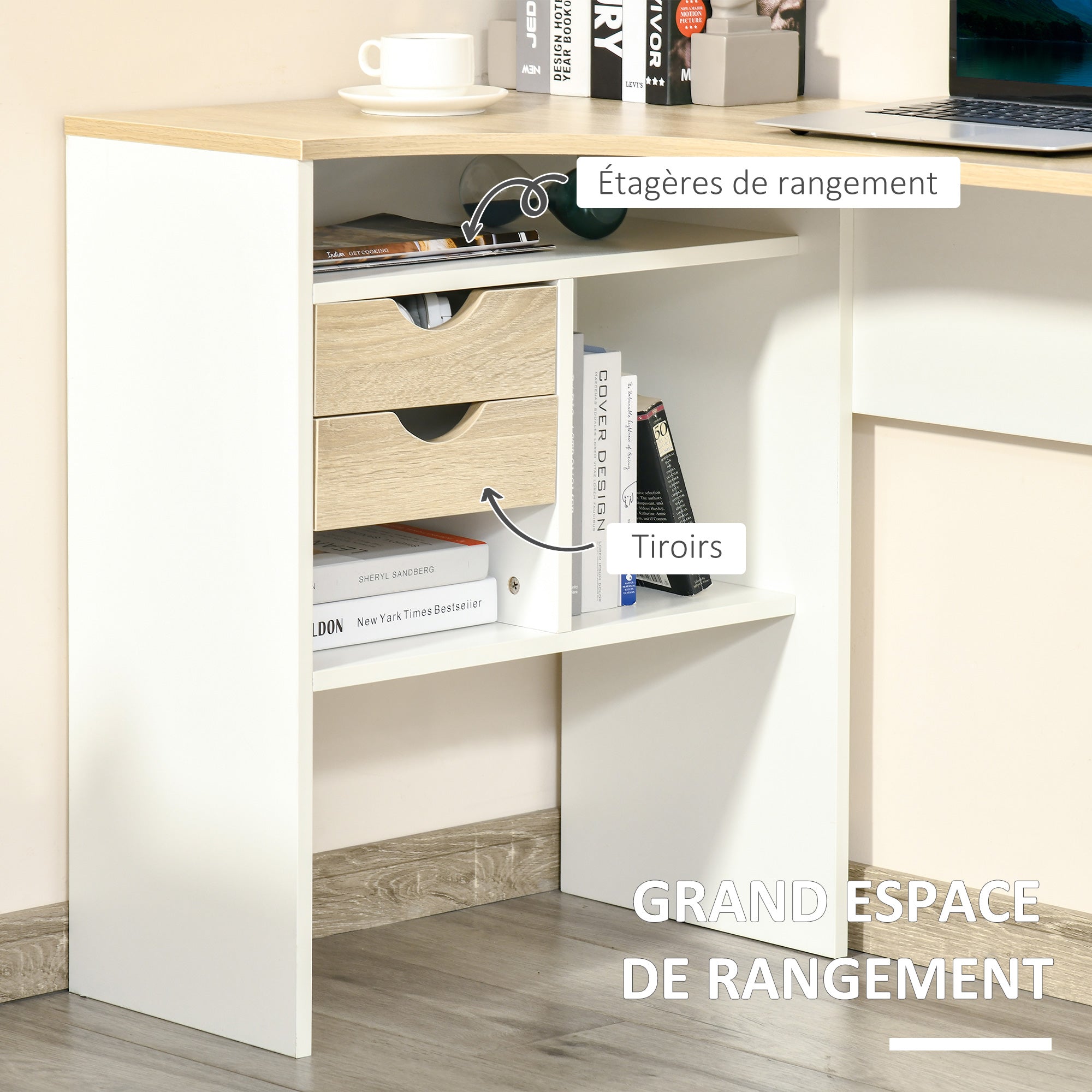 Corner Computer Desk Office Desk with Multi-Storage Drawers in Light Oak White Wood
