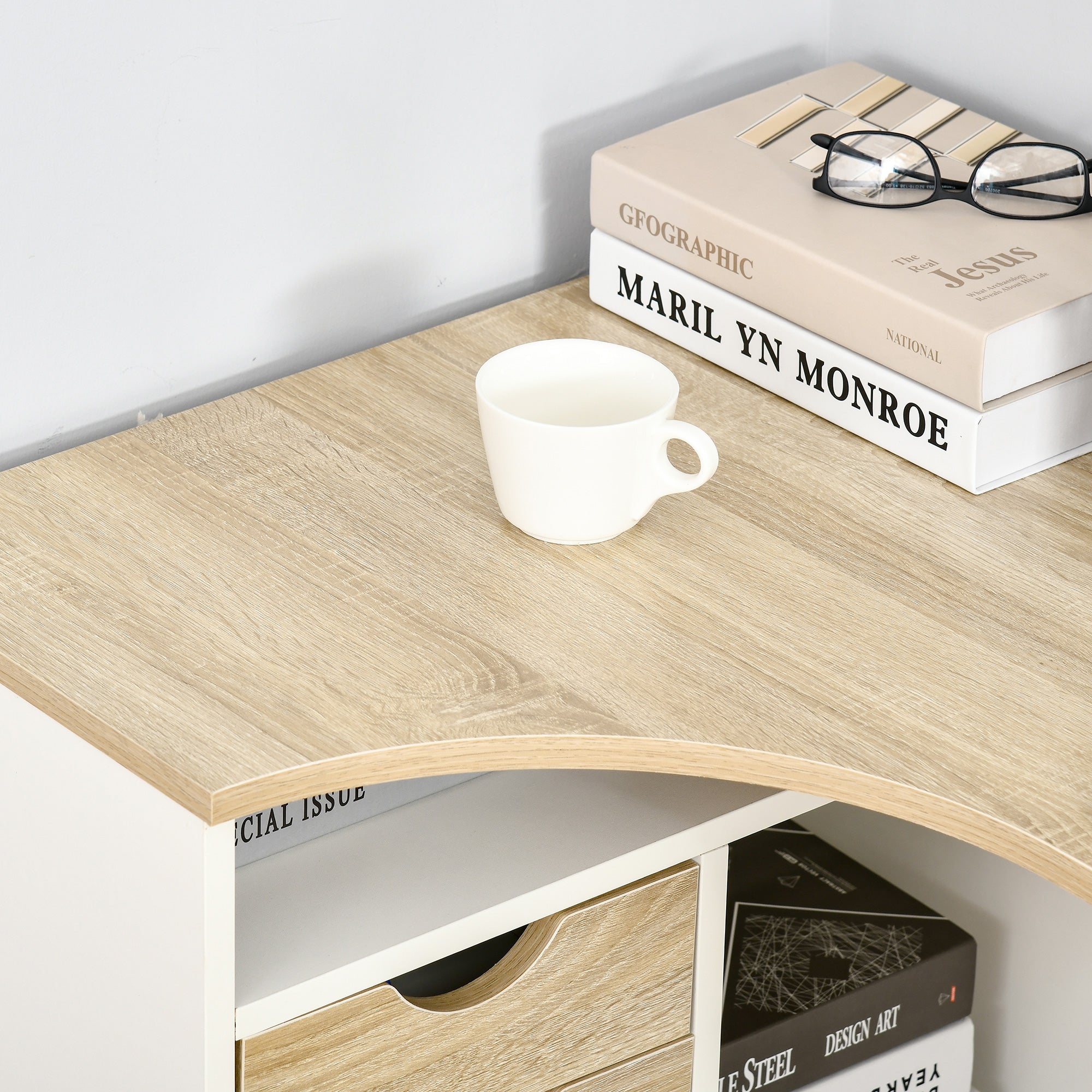Corner Computer Desk Office Desk with Multi-Storage Drawers in Light Oak White Wood
