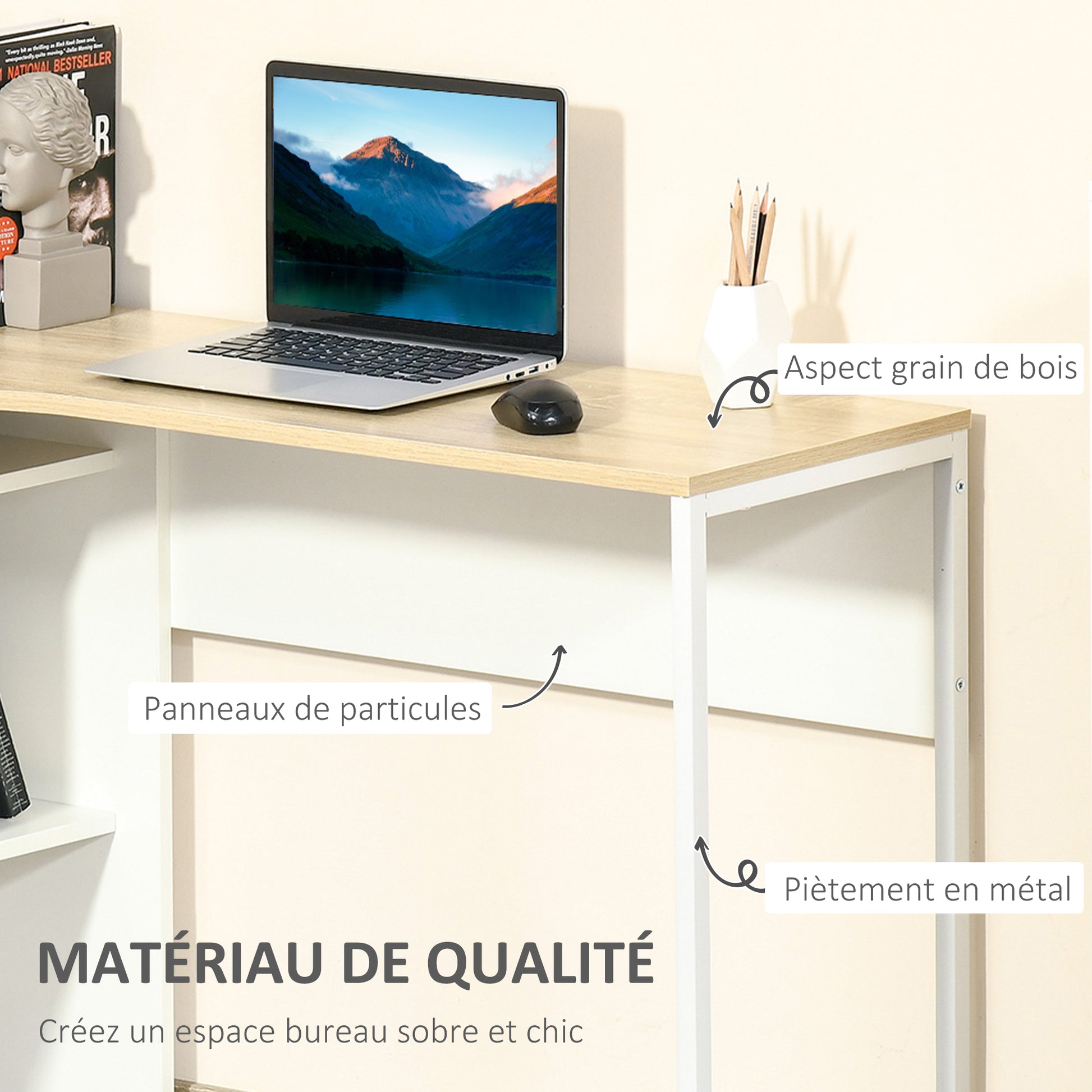 Corner Computer Desk Office Desk with Multi-Storage Drawers in Light Oak White Wood