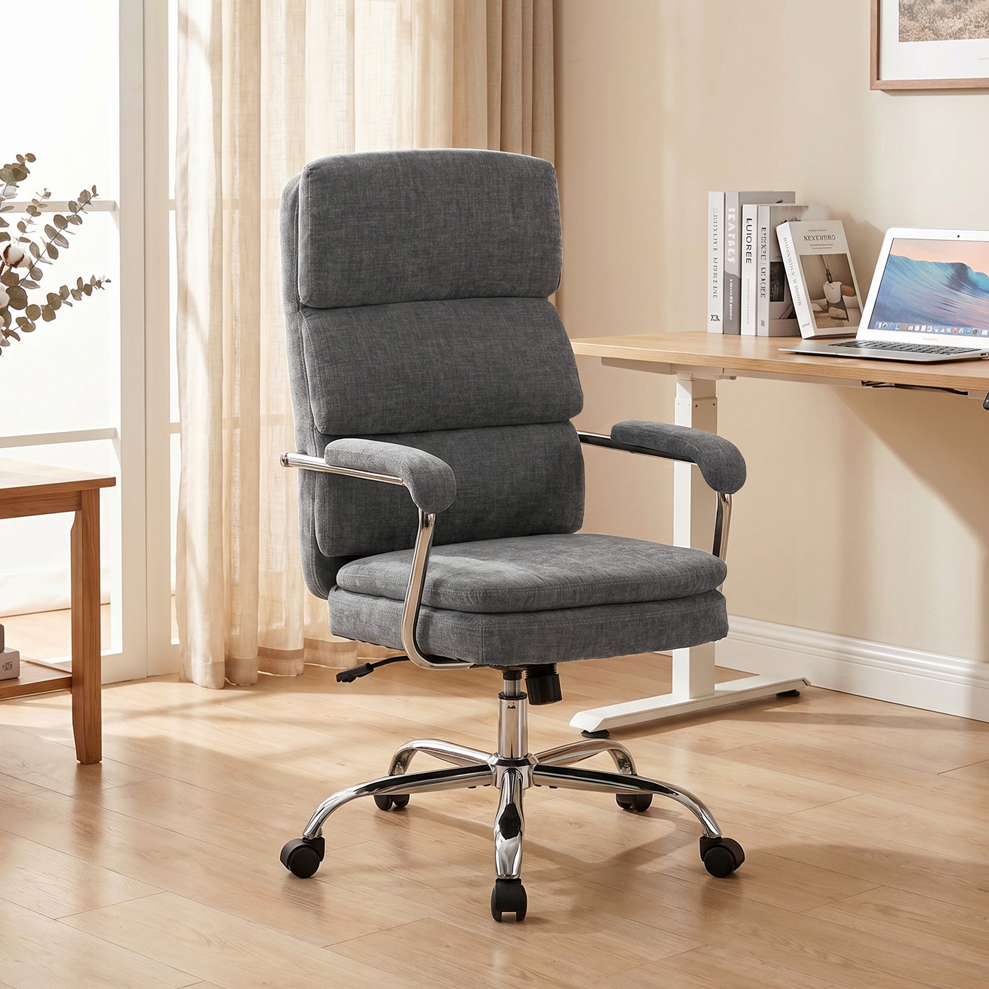 Ergonomic Chenille Office Chair with Padded Armrests, Adjustable Height & Tilt, 360° Swivel, Gray