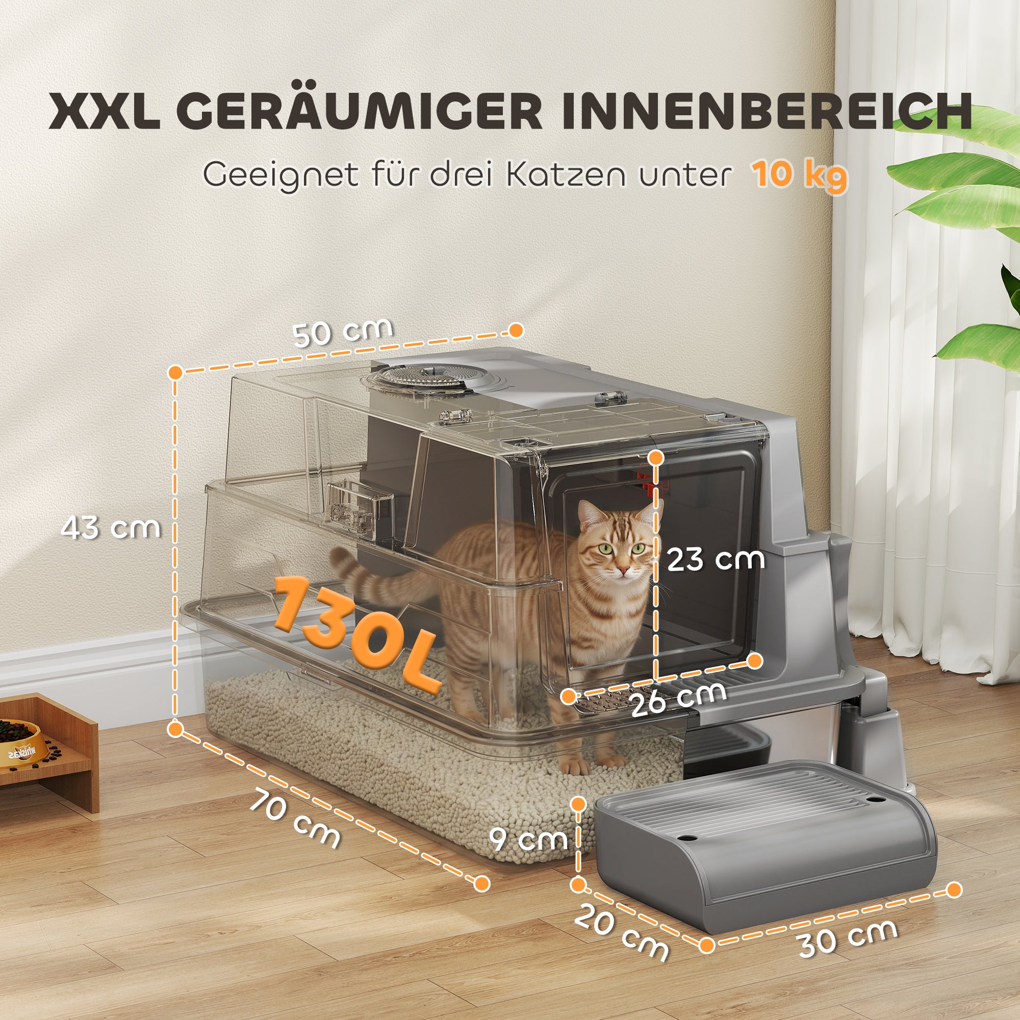 XXL Stainless Steel Cat Litter Box, 130 L (≈34.3 US gal) — 180° Flip Lid, High Sides, Scoop & Step — For Up to 3 Cats (≤22 lb / 10 kg each) — 27.6 x 19.7 x 16.9 in, Gray
