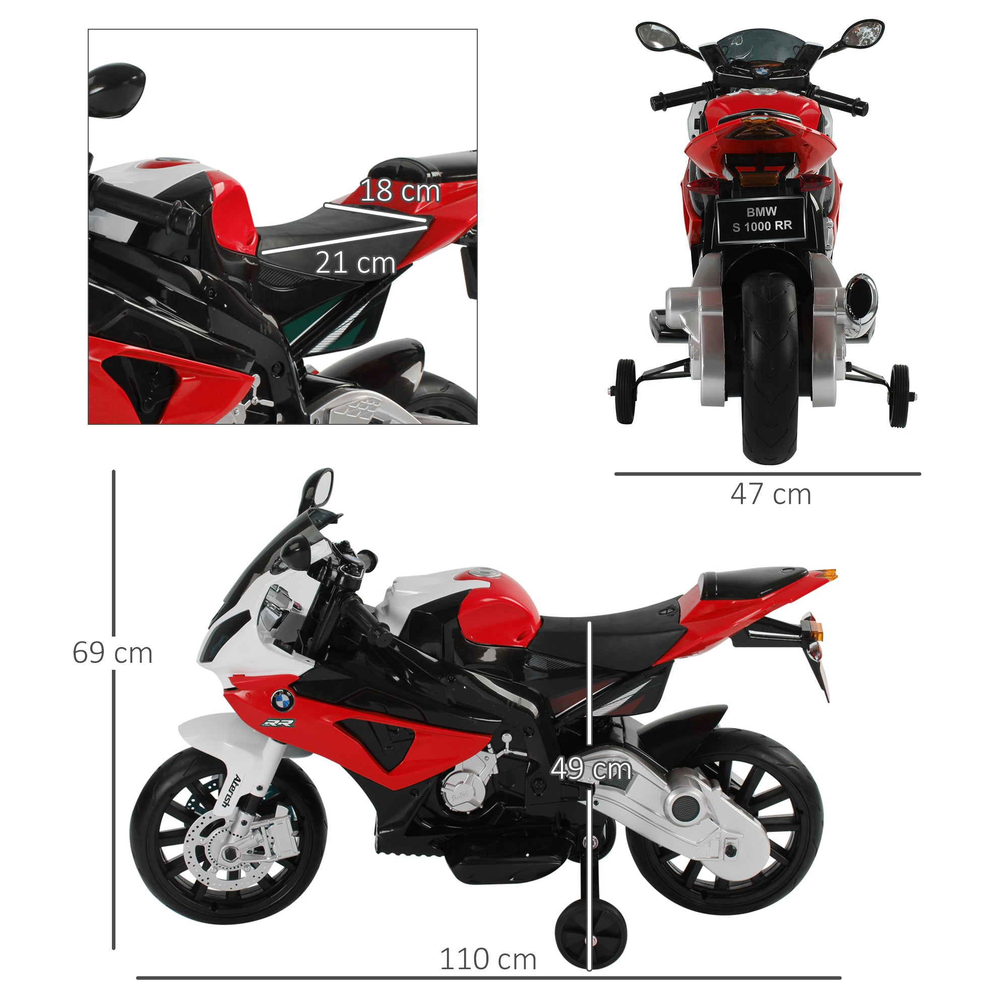 Kids Electric Motorcycle 3-8 Years with BMW License, Speed 2.5-5Km/h, Electric Motorcycle with 12V Battery, Wheels and Lights, 110x47x69 cm, Black and Red