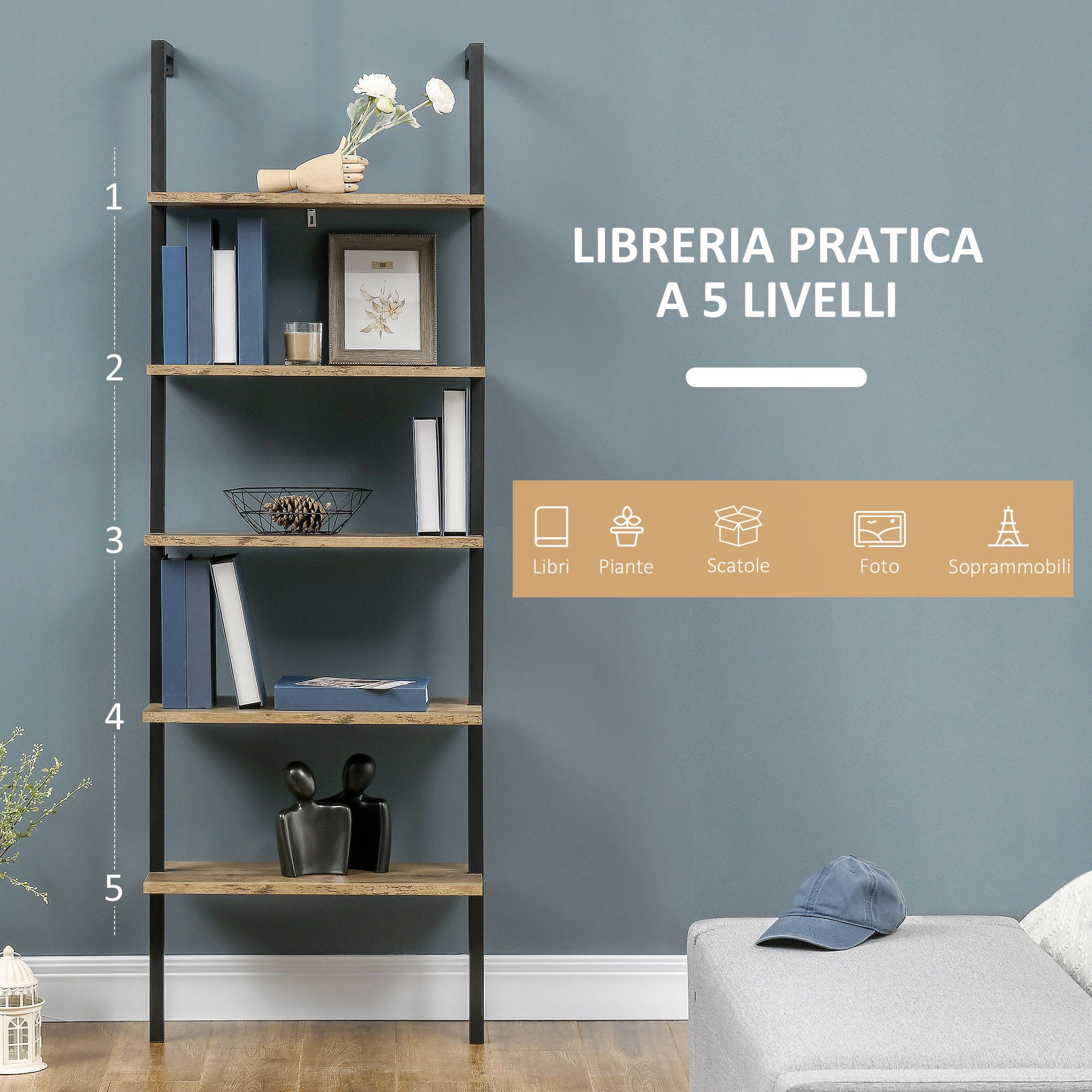 5-Shelf Industrial Style Leaning Wall Bookcase, Wall Mounted Wood and Metal Bookshelf, 60x30x184.5cm, Brown
