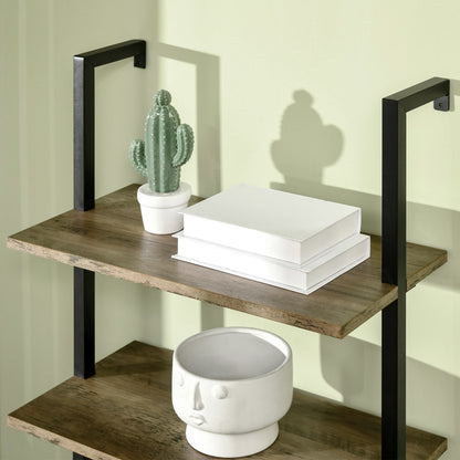 5-Shelf Industrial Style Leaning Wall Bookcase, Wall Mounted Wood and Metal Bookshelf, 60x30x184.5cm, Brown