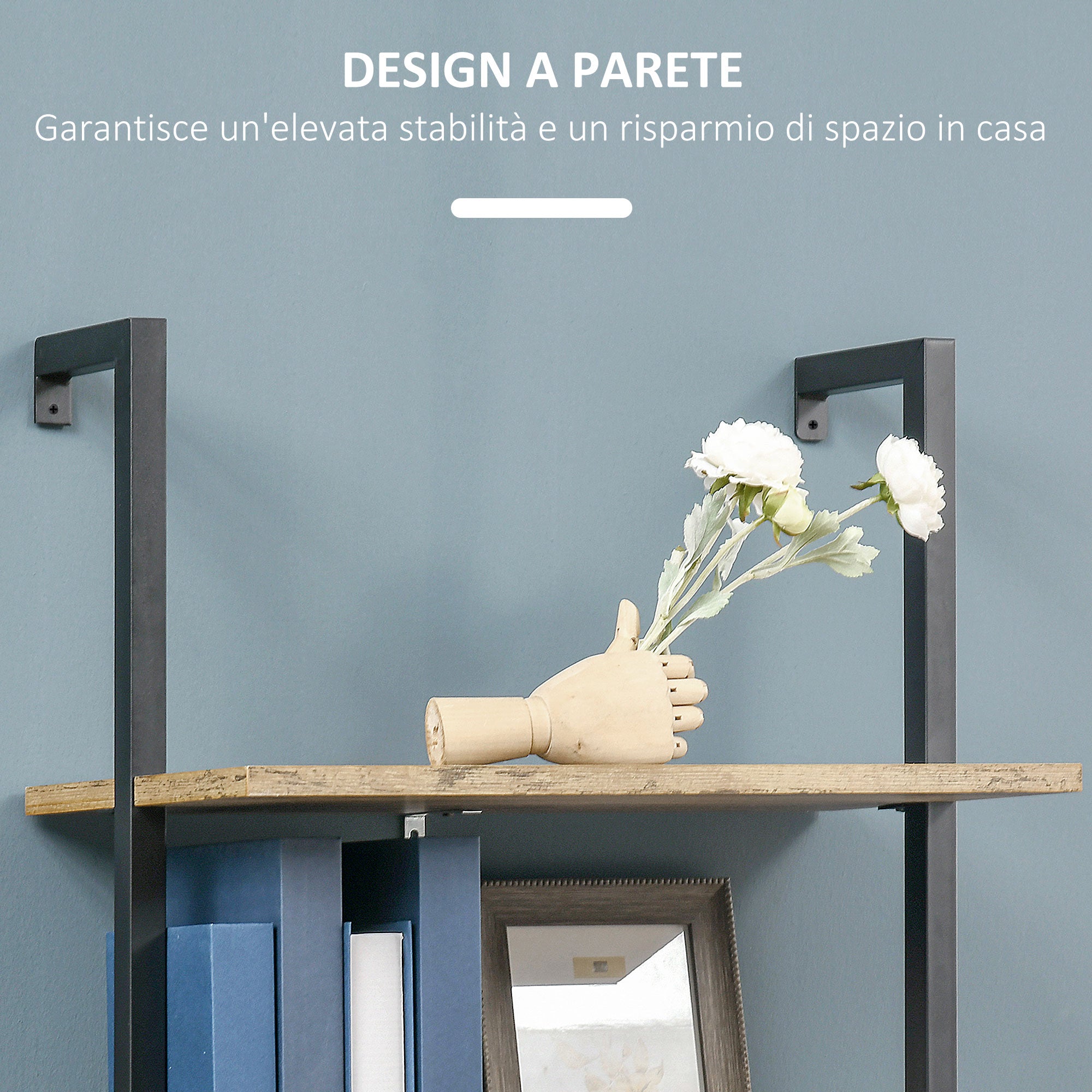 5-Shelf Industrial Style Leaning Wall Bookcase, Wall Mounted Wood and Metal Bookshelf, 60x30x184.5cm, Brown