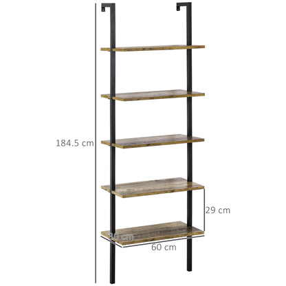 5-Shelf Industrial Style Leaning Wall Bookcase, Wall Mounted Wood and Metal Bookshelf, 60x30x184.5cm, Brown
