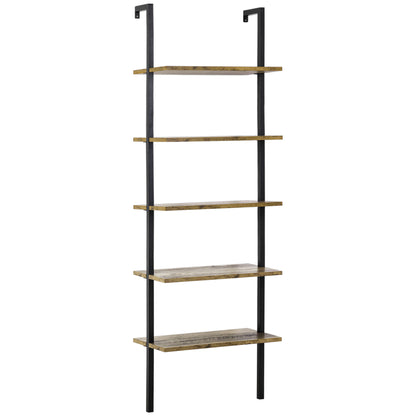 5-Shelf Industrial Style Leaning Wall Bookcase, Wall Mounted Wood and Metal Bookshelf, 60x30x184.5cm, Brown