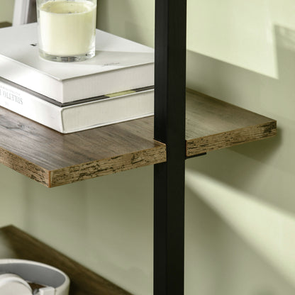 5-Shelf Industrial Style Leaning Wall Bookcase, Wall Mounted Wood and Metal Bookshelf, 60x30x184.5cm, Brown