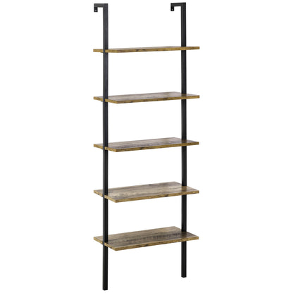 5-Shelf Industrial Style Leaning Wall Bookcase, Wall Mounted Wood and Metal Bookshelf, 60x30x184.5cm, Brown
