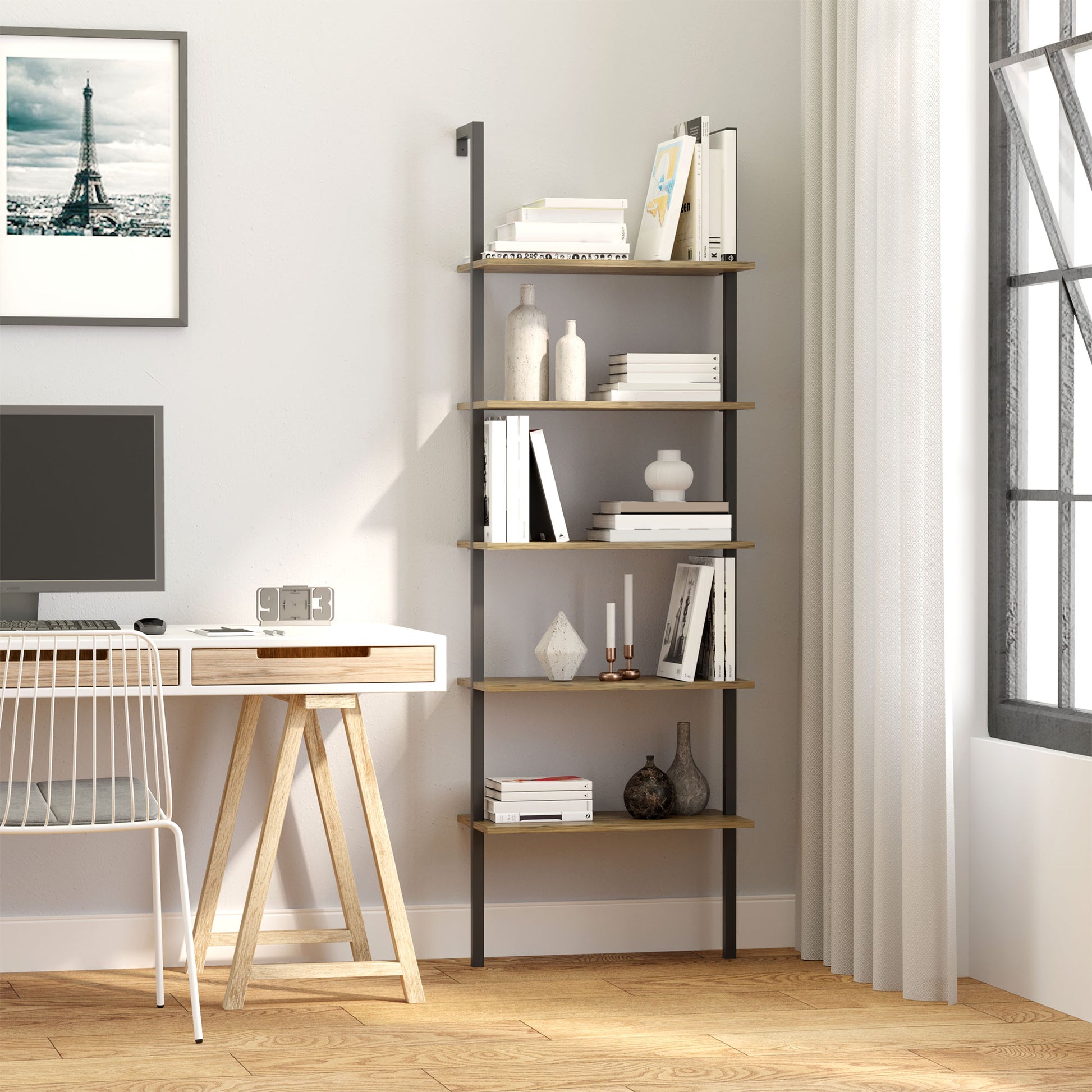 5-Shelf Industrial Style Leaning Wall Bookcase, Wall Mounted Wood and Metal Bookshelf, 60x30x184.5cm, Brown