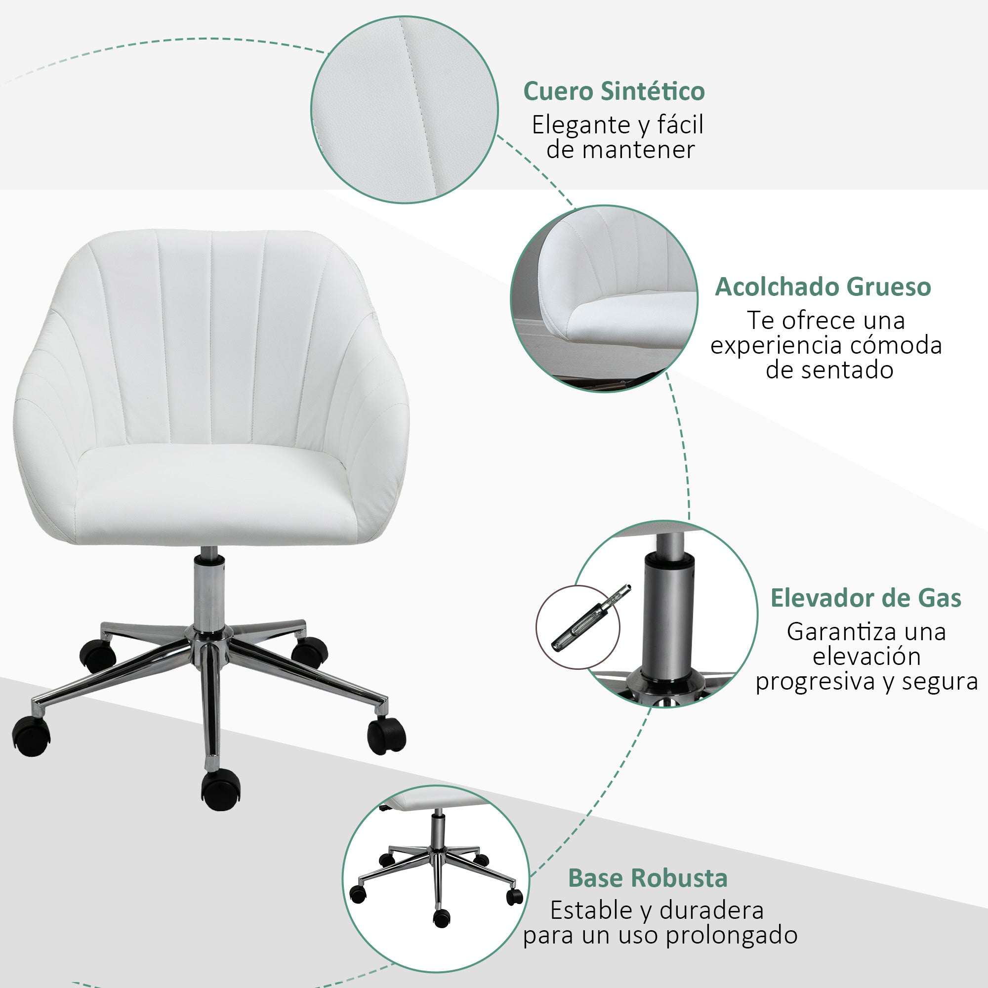 Ergonomic Office Chair Swivel Desk Chair with Adjustable Height Backrest and Armrests Synthetic Leather Load 120 kg 60x59x79-89 cm White