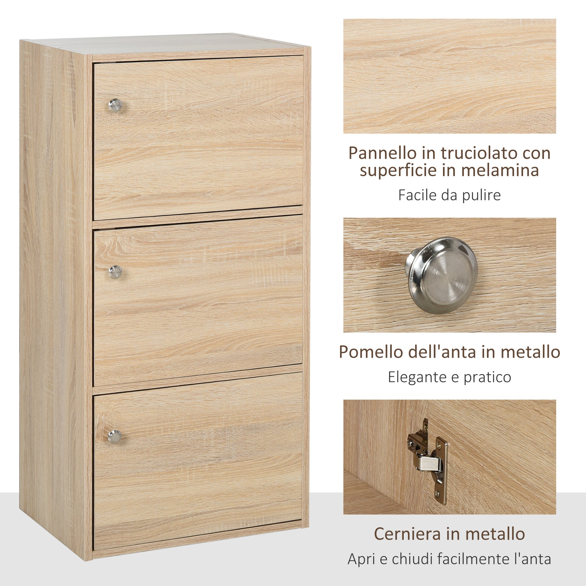 Multipurpose Cabinet with 3 Shelves in Wood and 3 Doors for Home, Bedroom, Living Room, or Office, 48x34x100cm