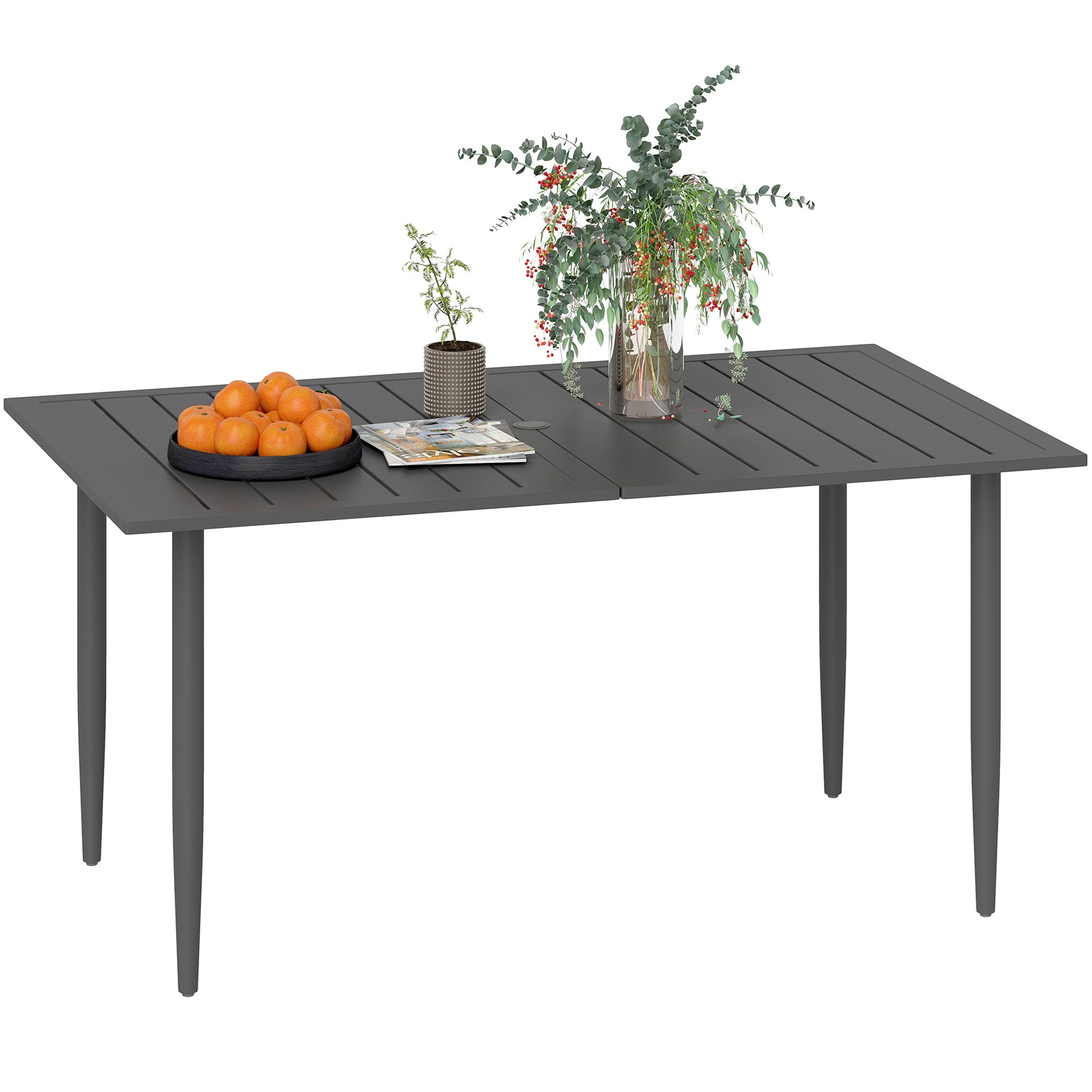 Garden Table 150x90cm, Weatherproof Steel Balcony Table, Balcony Table with Umbrella Hole Slat Design Outdoor Camping Table Side Table, Rectangular Patio Table for Garden Balcony Black